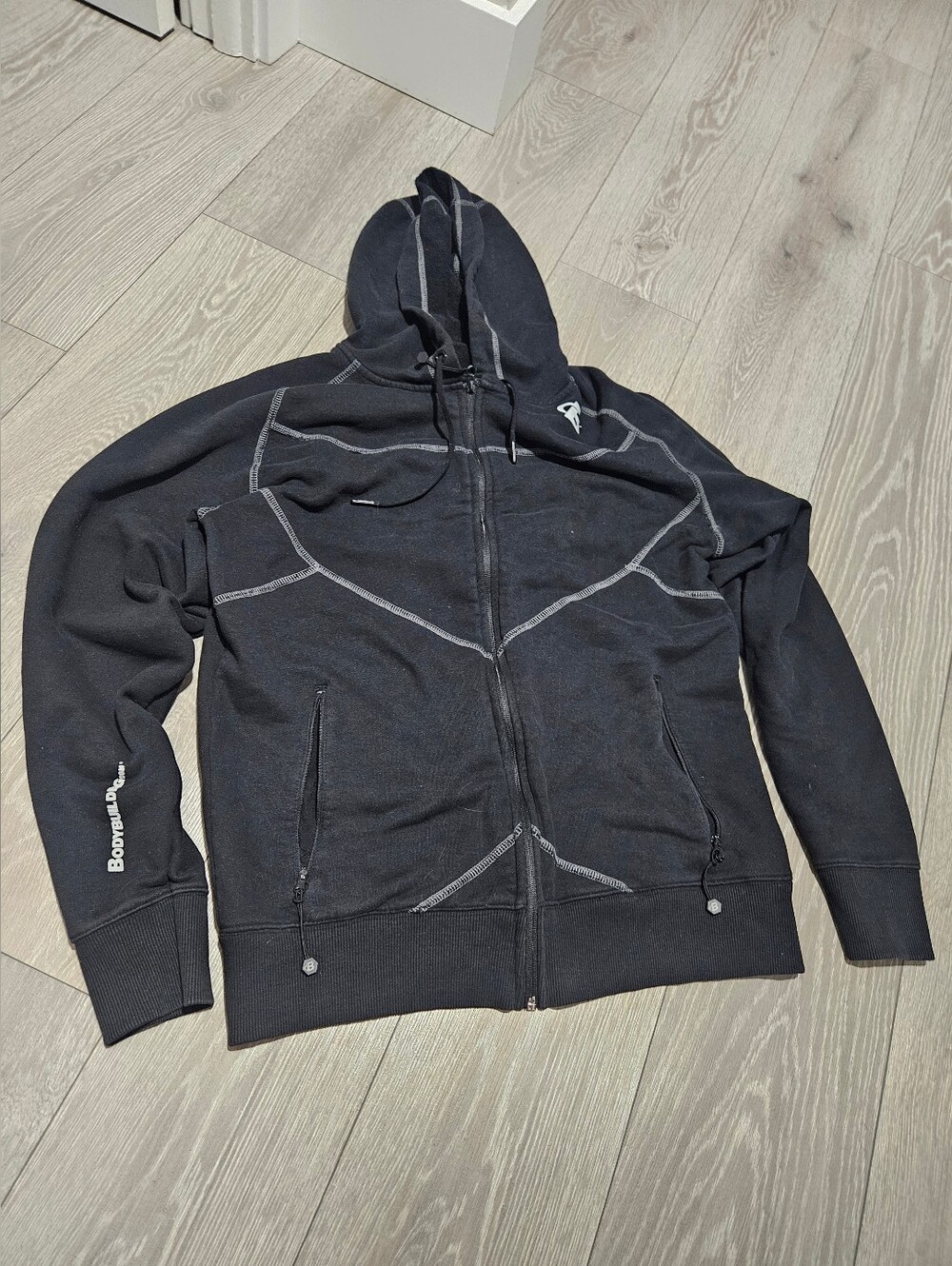 Bodybuilding.com Mens Black Zip-Up Hoodie with Contrast Stitching Cotton Blend